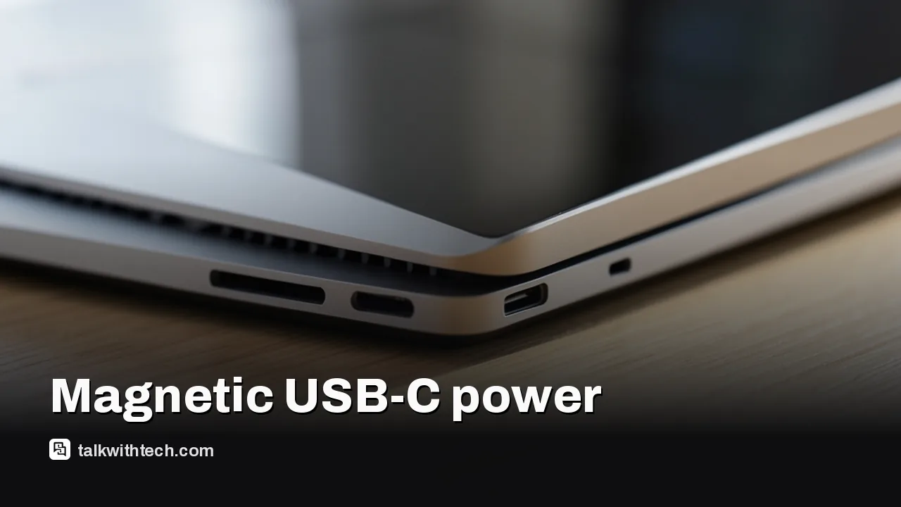 Magnetic USB-C tip snapping into recessed laptop port on desk