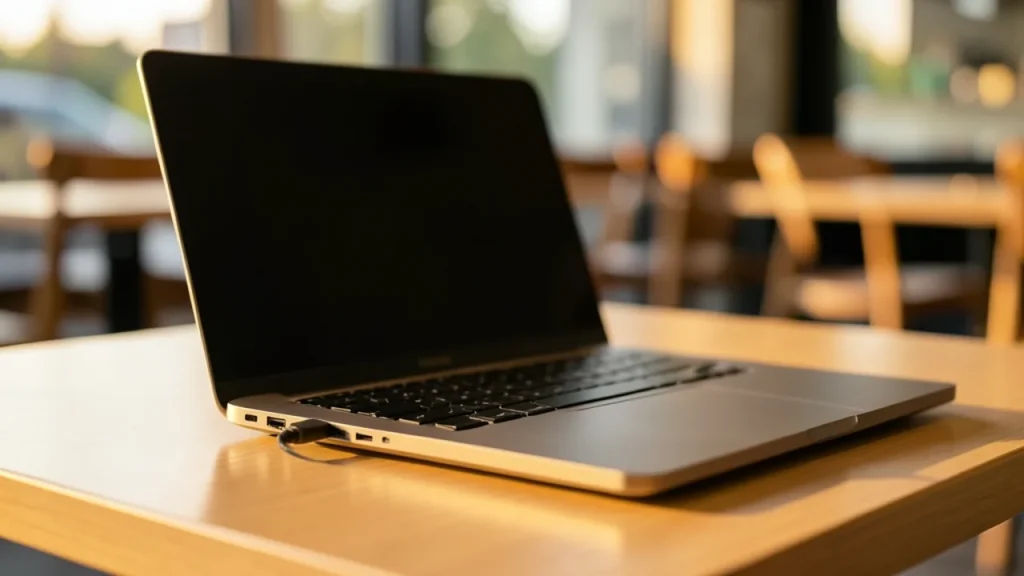 Side view of magnetic cable aligning with laptop port in café setting