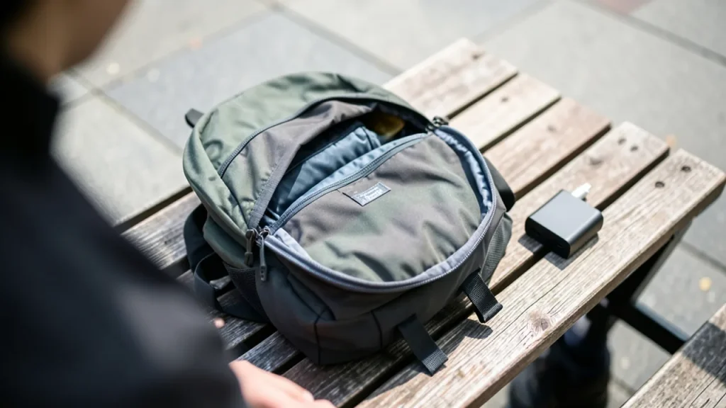 Laptop, power brick and magnetic USB-C tip in backpack on bench