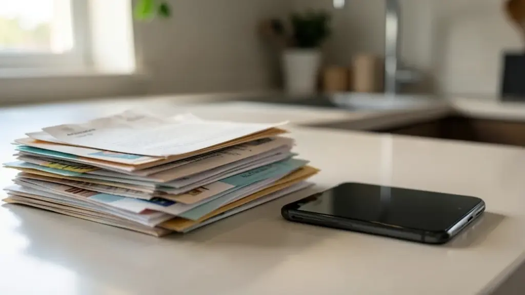 A pile of opened envelopes next to a phone on a counter