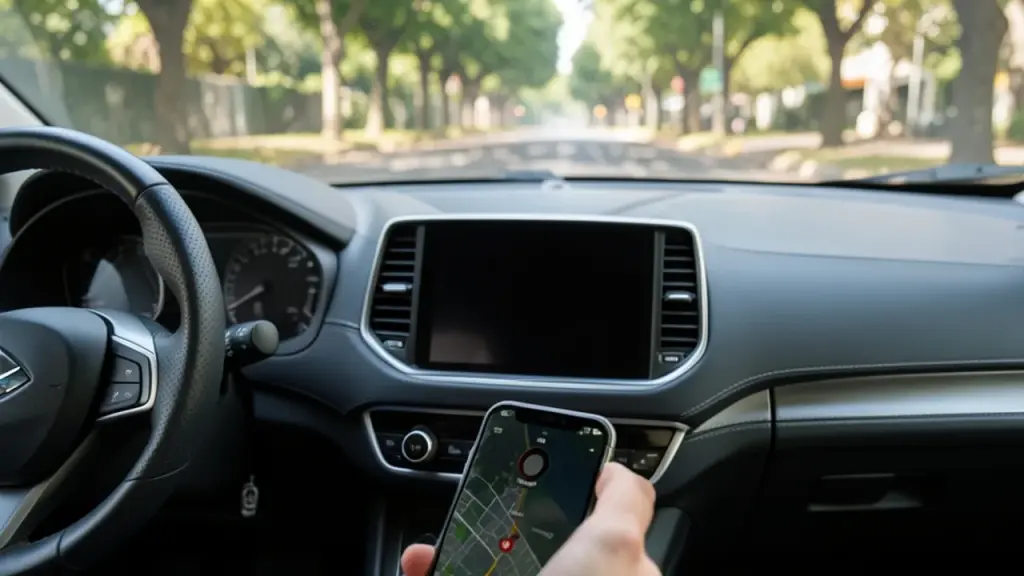 Car interior with phone showing map layer toggle for cameras.