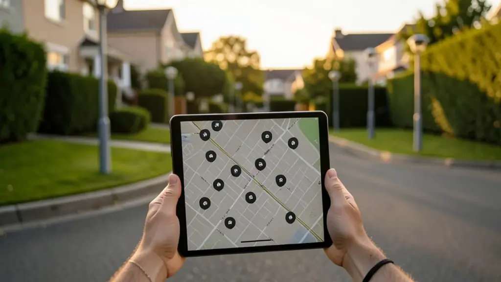 Hands with map overlay showing camera locations at an intersection.