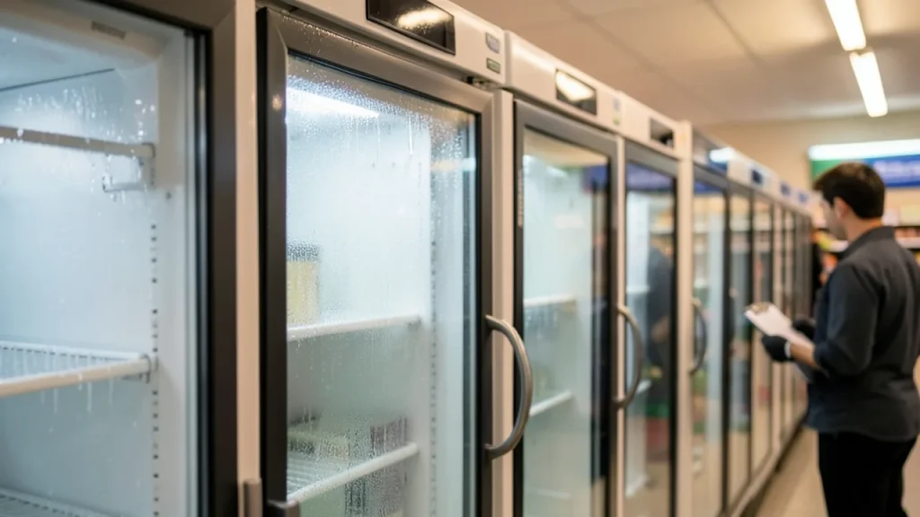 Row of ajar freezers fogged and dripping, employee back and clipboard