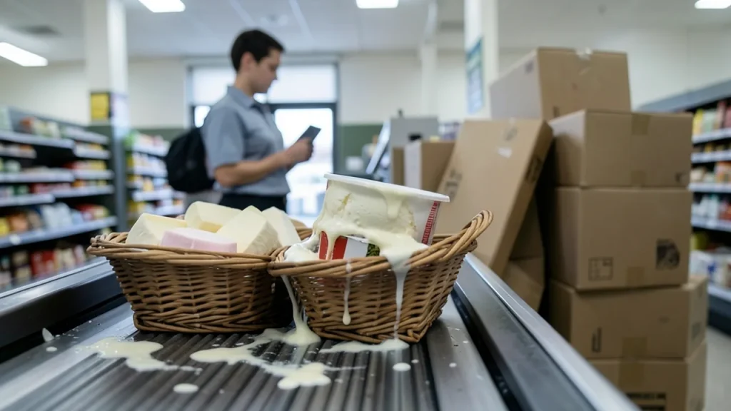 Shopper basket with melting items and delivery boxes, staff silhouette holding tablet