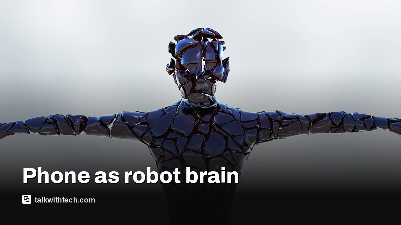 Small humanoid robot with a smartphone mounted on its torso