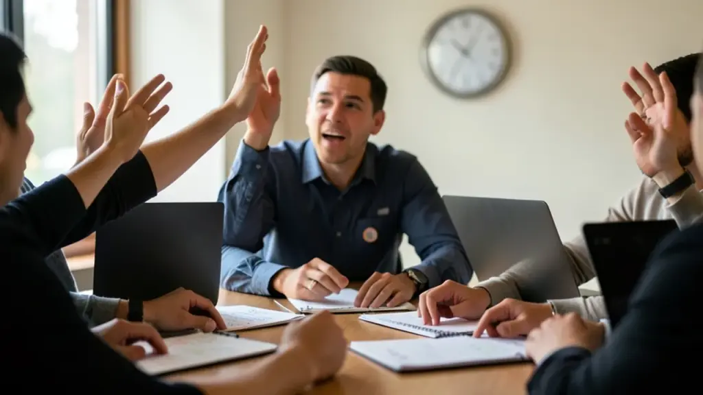 Hands and speaking team member during timeboxed meeting.