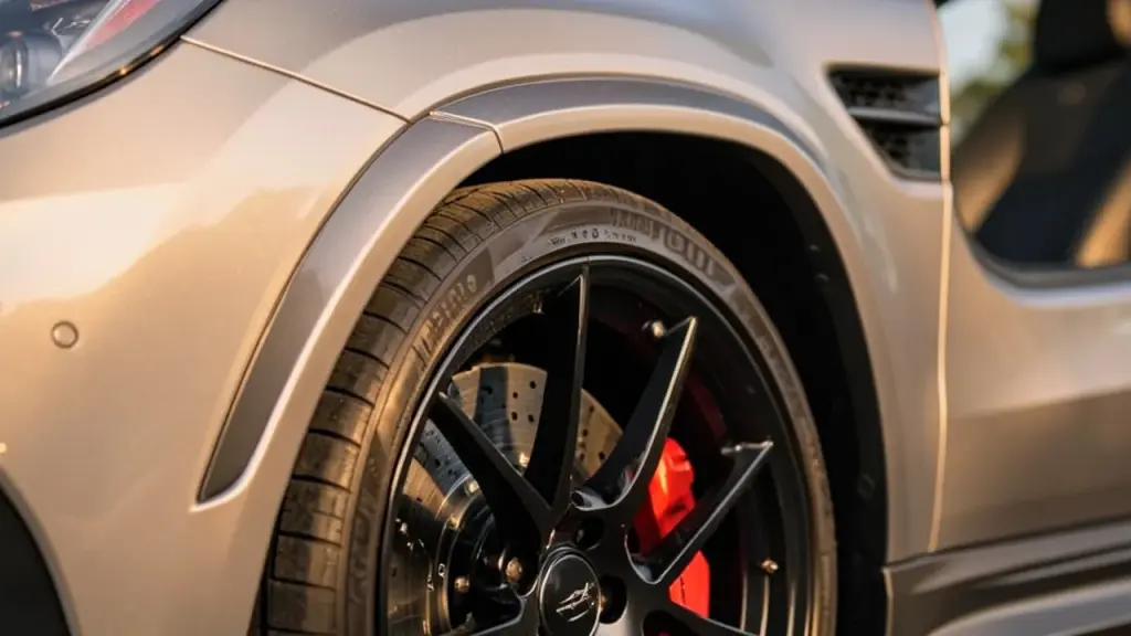 Close-up of front fender and wheel showcasing performance hardware.