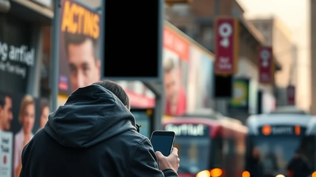 Person scrolling phone on street with blurred billboards in background