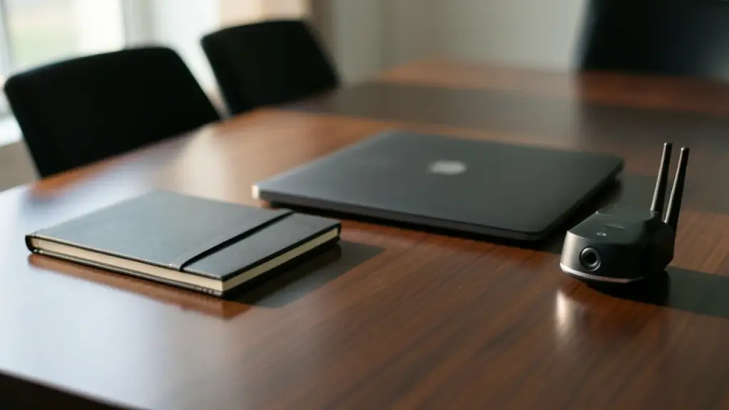 Desk setup showing crawler device and policy notes in soft light.