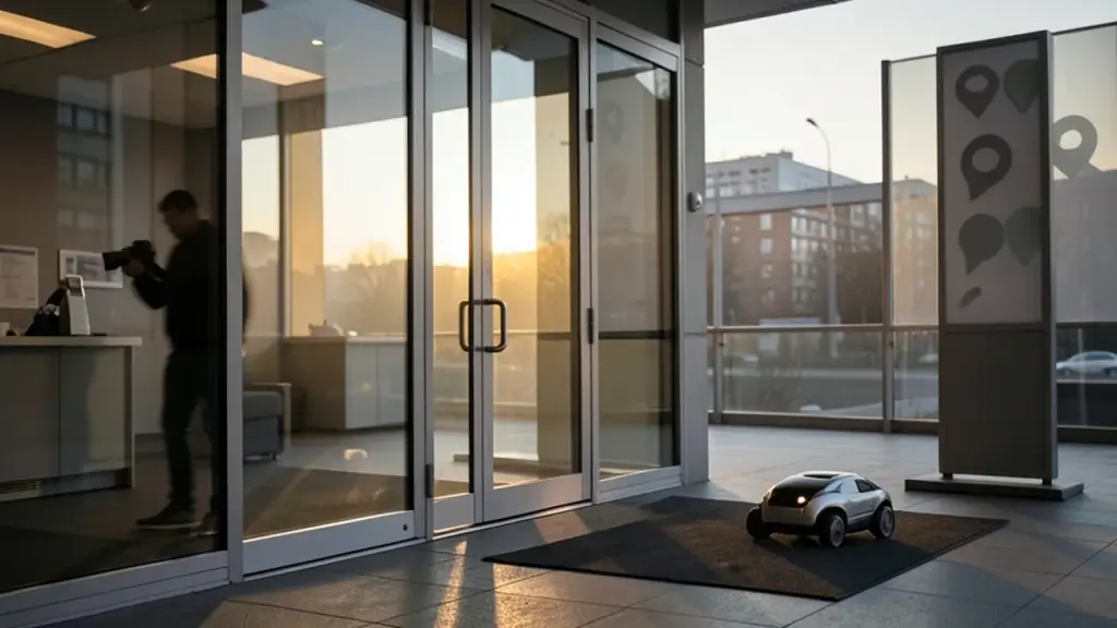 News lobby scene with a small crawler and newsroom mood at sunrise.