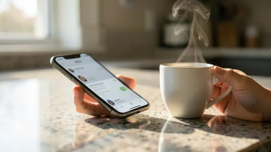 Hand holding a phone with a blurred assistant app on a counter