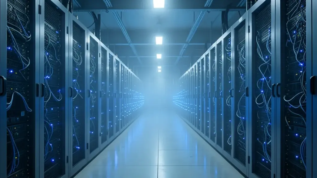 Long rows of server racks with blue lights in a data center
