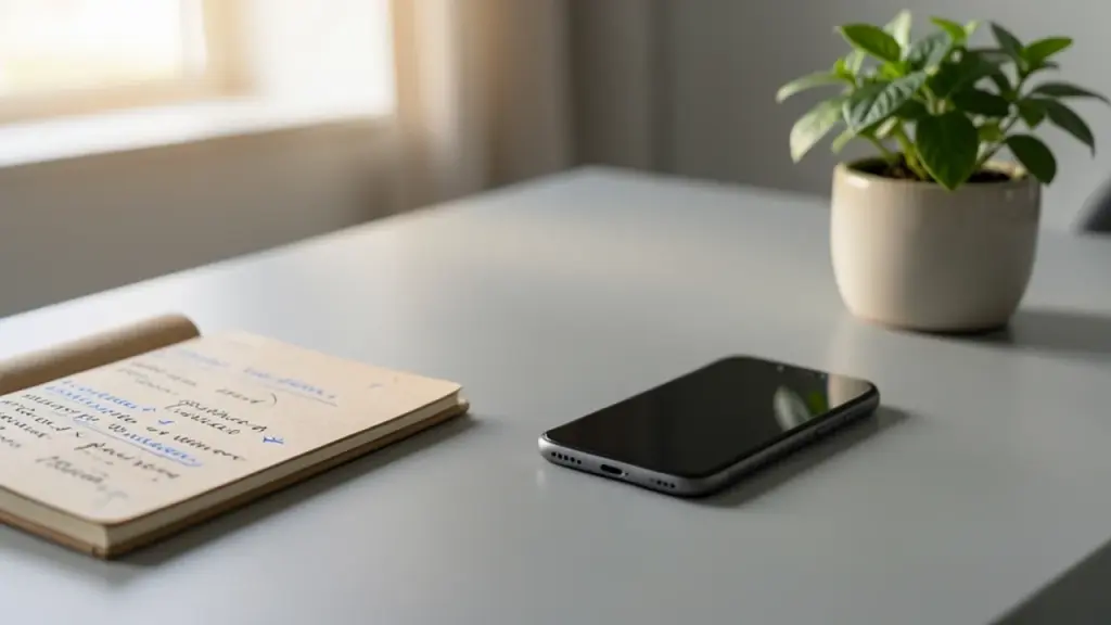 Desk with device, notes, and plant under natural light.