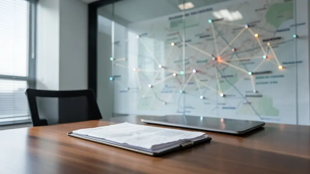 Conference room with connected sites map and closed laptop.