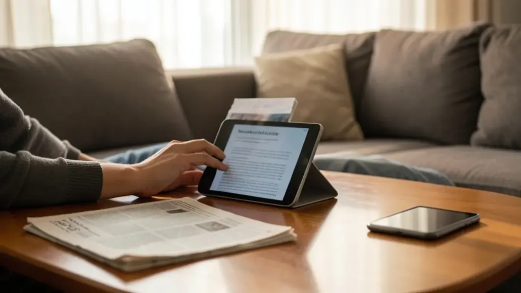 Reader at home with tablet and newspaper, soft lighting.