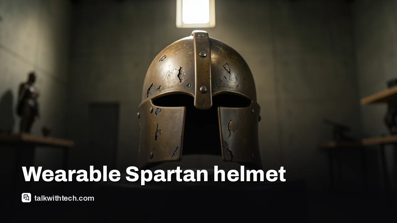 Wearable Spartan helmet replica on pedestal in collector’s room.