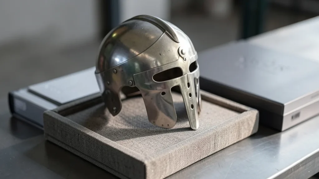 Three-quarter view of helmet with art book and steelbook nearby.