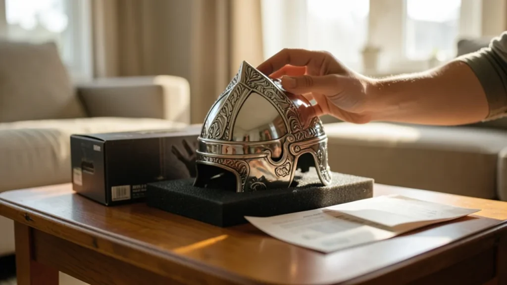Hands lifting Spartan helmet from box on a living room table.