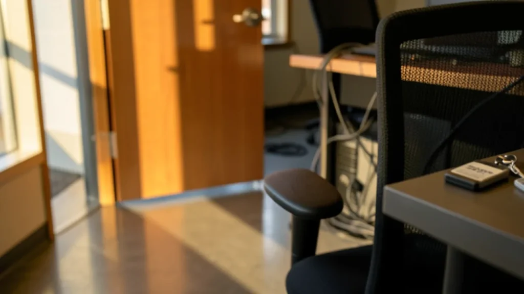 Office doorway with desktop tower, badge and VPN token on table