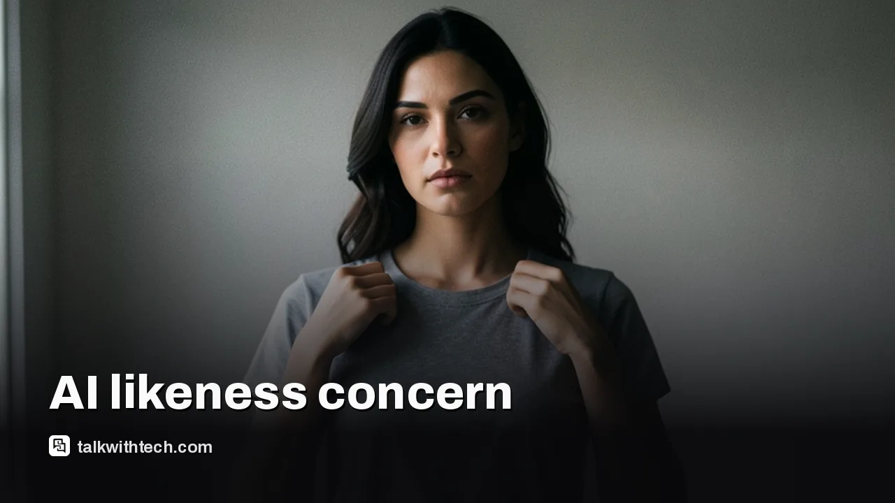 Actress lookalike in plain T‑shirt adjusting collar in studio, soft window light.