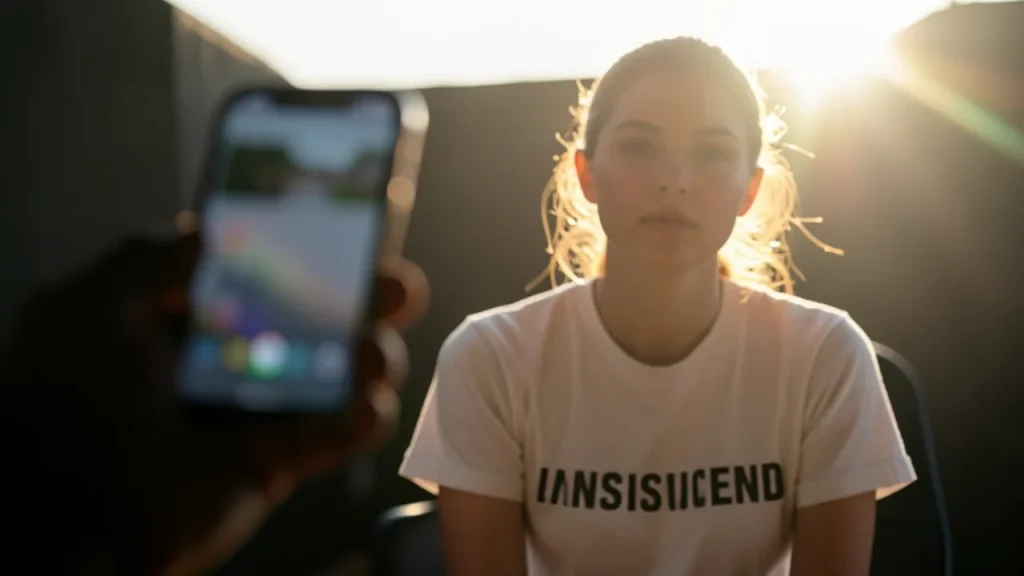 Silhouetted hand with phone out of focus, actress lookalike seated in T‑shirt backlit.