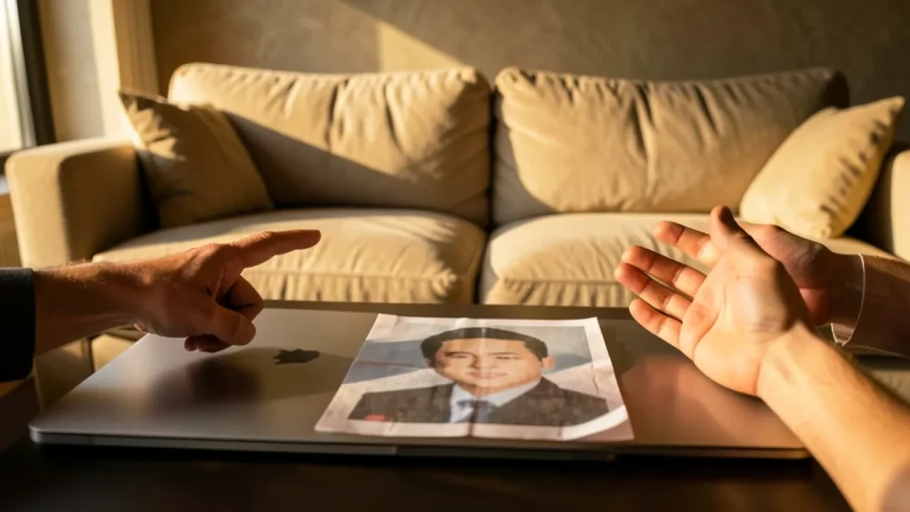 Living room table with closed laptop, blurred portrait printout and two pairs of hands debating.