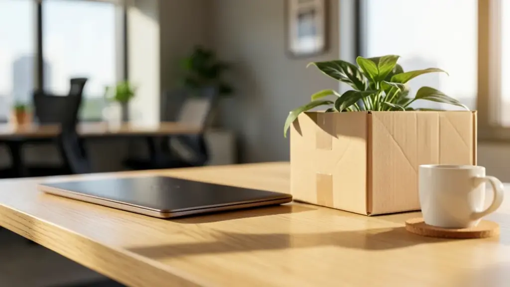 Office desk with a closed laptop and a cardboard box with a plant