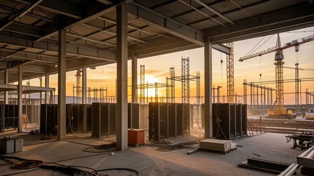 Large data center under construction with cranes at sunset
