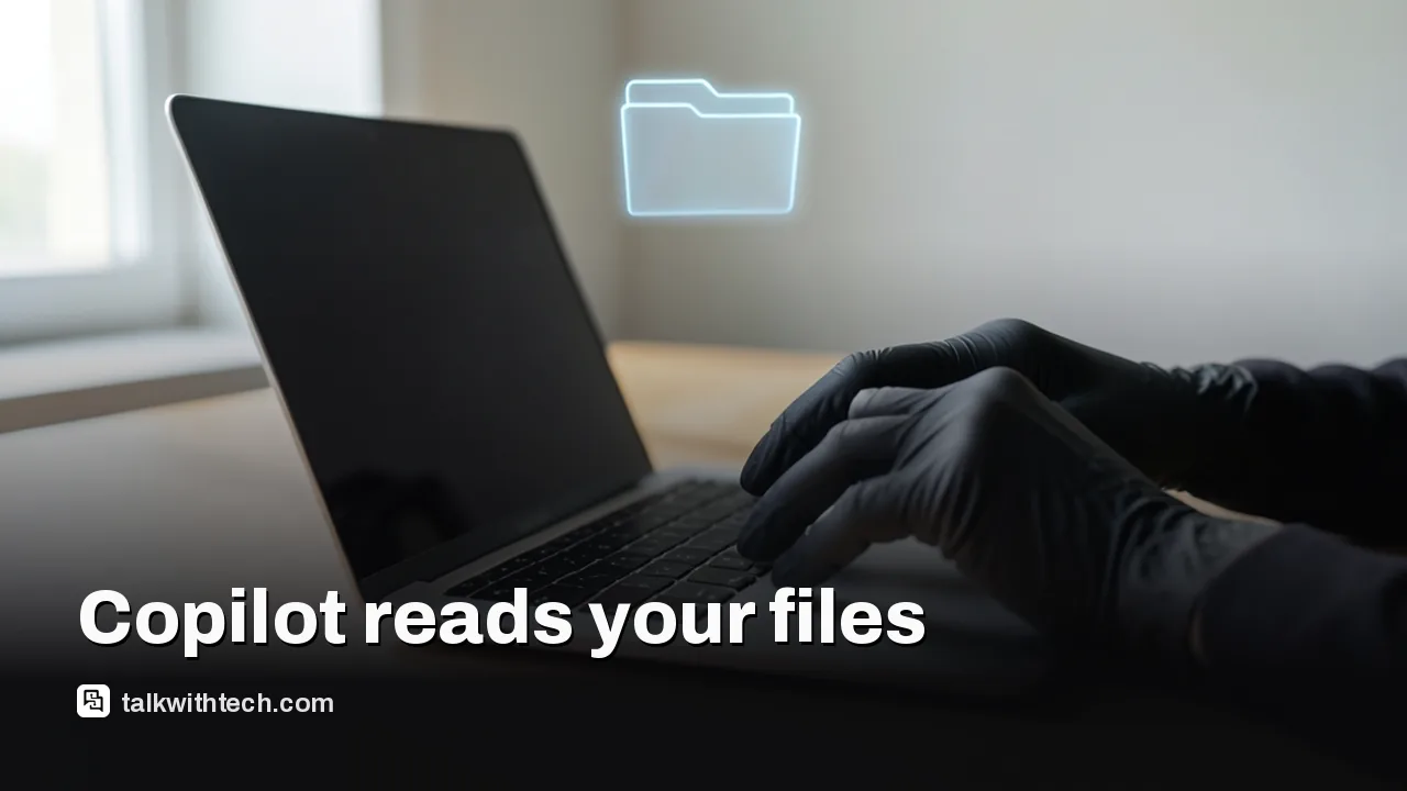 Laptop on desk with gloved hands and translucent holographic folder above it