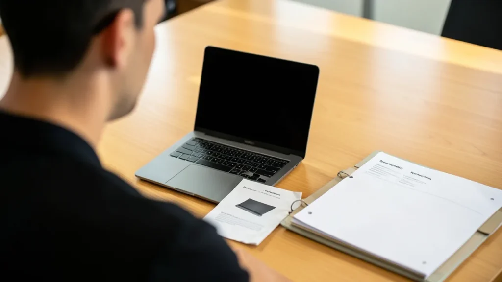 Over-shoulder view of laptop with spec sheet and binder on table