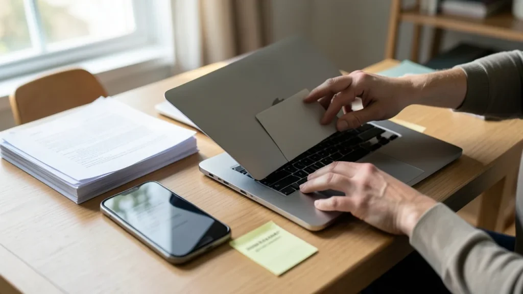 Home desk with closed laptop, phone, documents and hands adding a webcam cover