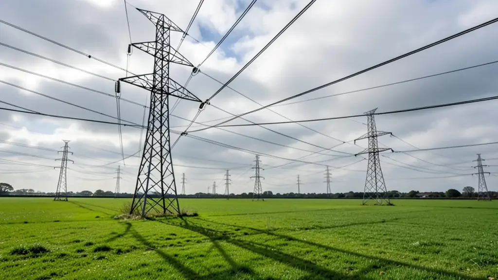 Electricity pylons and power lines crossing green fields