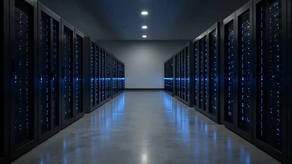 An aisle of server racks with blue lights in a data hall