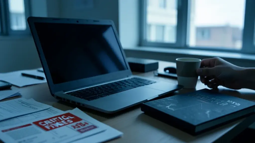 Workstation with patch notes and a coffee cup in a dim office