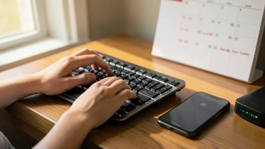 Hands typing on keyboard with devices nearby, warm daylight