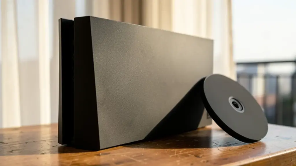 Three-quarter side view of matte black PS5 and disc drive on table