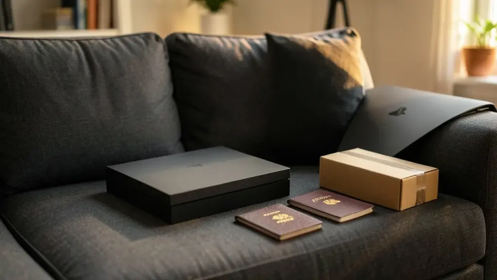 Passport, shipping box and black PS5 cover on couch implying import decision