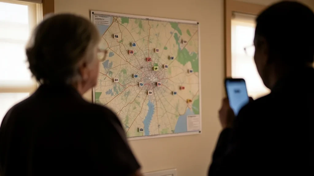 staff silhouetted looking at facility map with phone in hand
