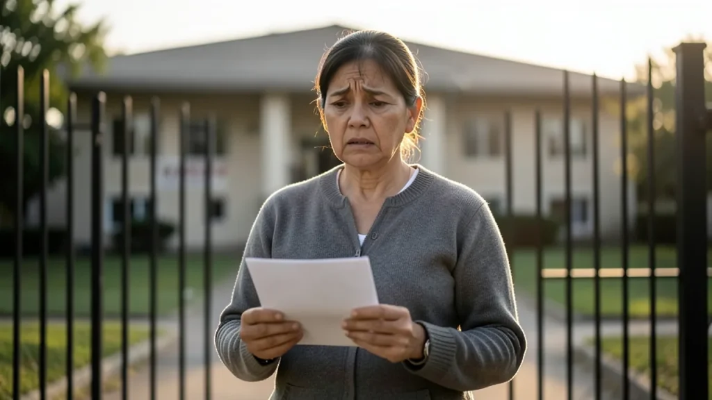 family member hesitating outside care facility holding a letter