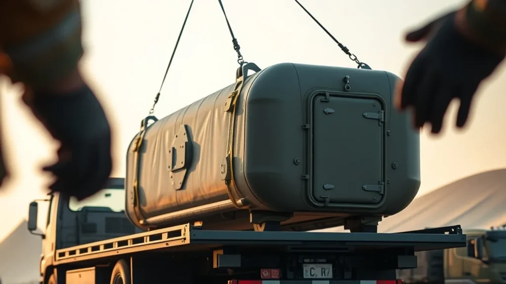 Cargo pod being lifted onto flatbed by crane, workers’ hands guiding straps.