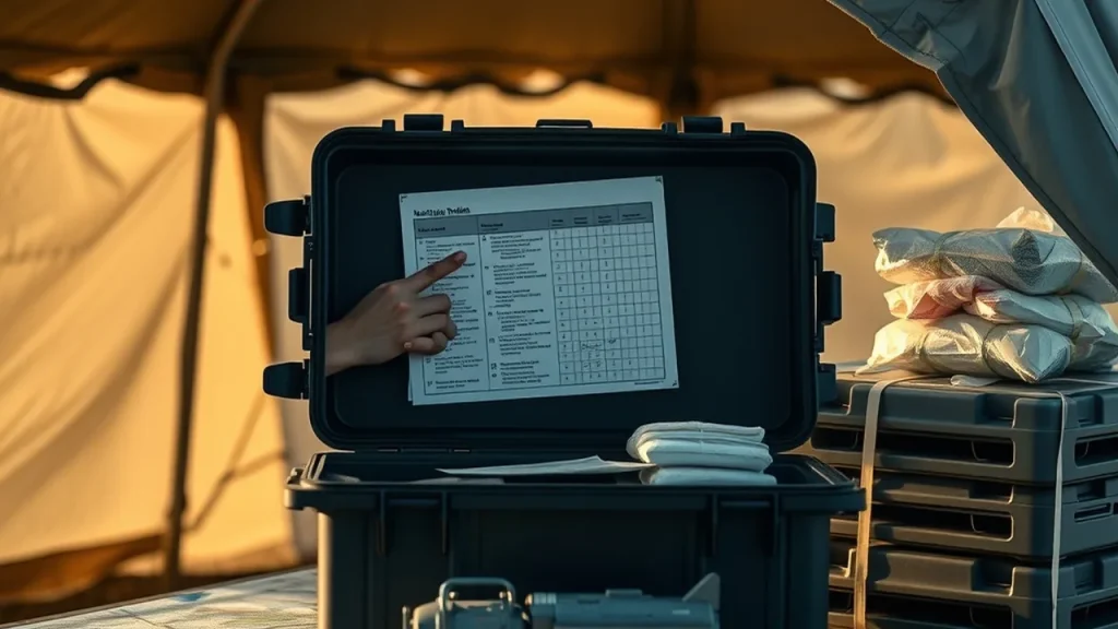 Field ops tent with hands pointing at checklist, supplies and model cargo pod on table.