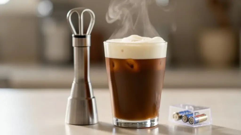 Different angle of DIY cold foam iced coffee setup.