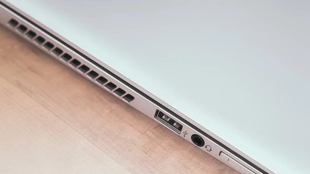 A small laptop showing a USB-C port