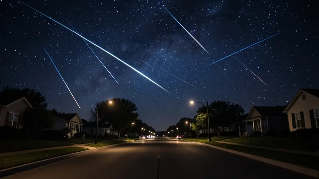 Meteor streaks across a night sky above a quiet street