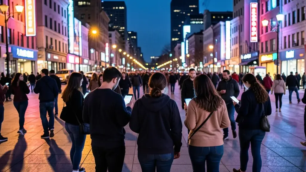 Friends walking through a lit plaza in the evening looking at phones