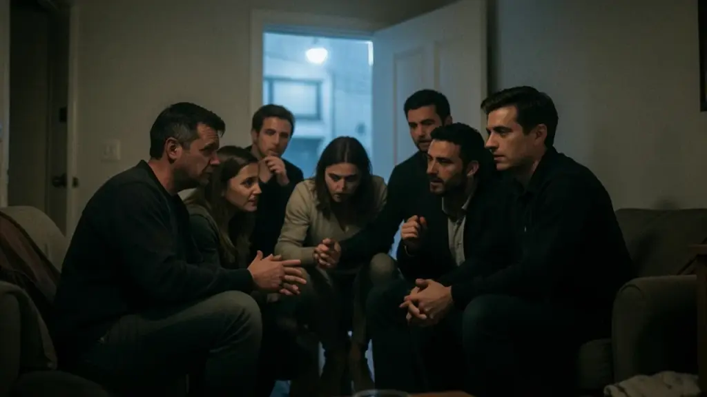 Tense gathering in a living room showing unease and manipulation.
