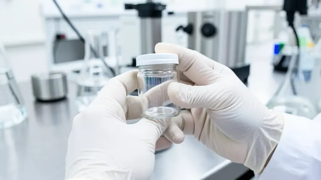 Gloved hands holding a sealed sample container in a clean lab