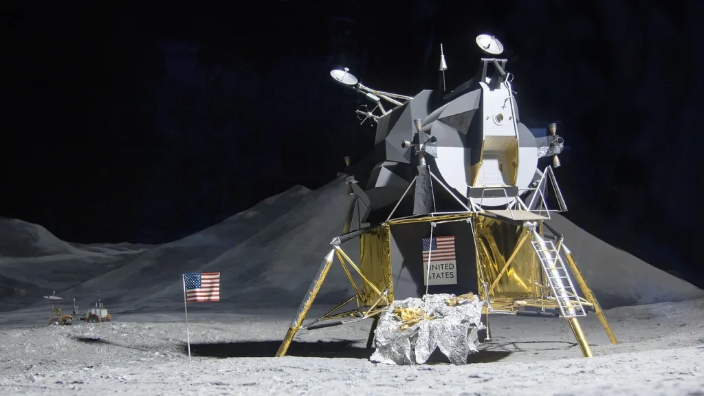 Lunar landscape with a habitat module and robotic rover