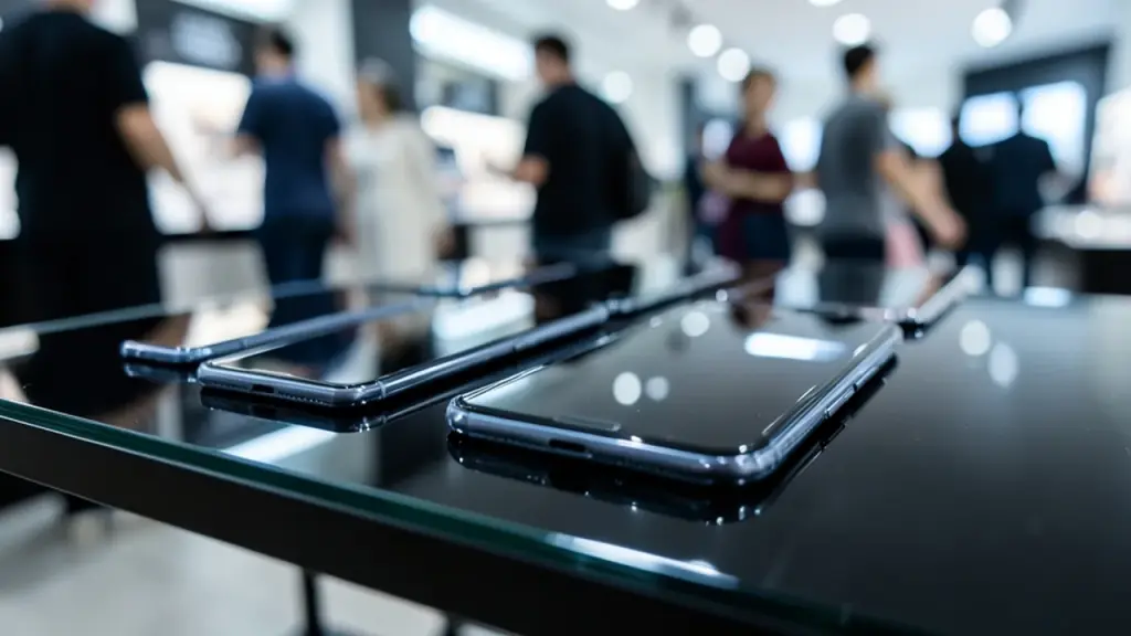 Smartphones on a store display table under bright lights