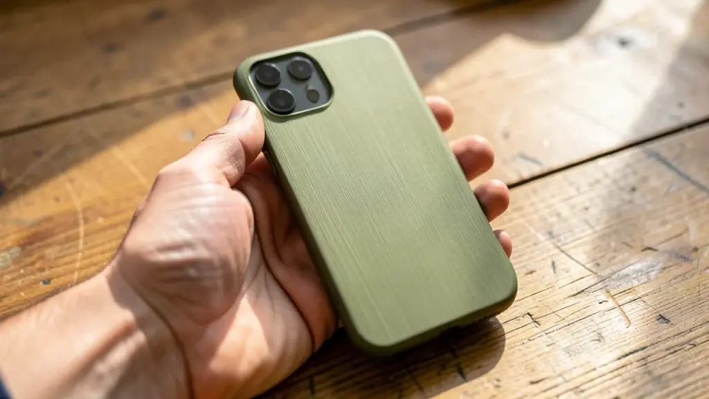 A hand holding a green smartphone with a textured back
